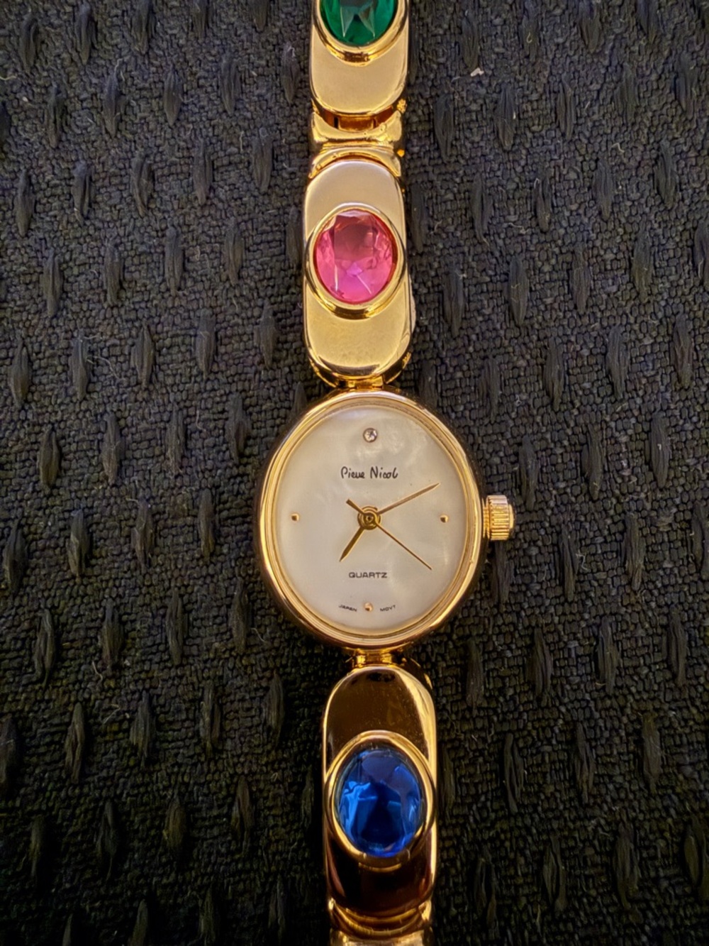 Vintage, Gold-Tone Bracelet Watch with Multicolor Gems - New Battery.